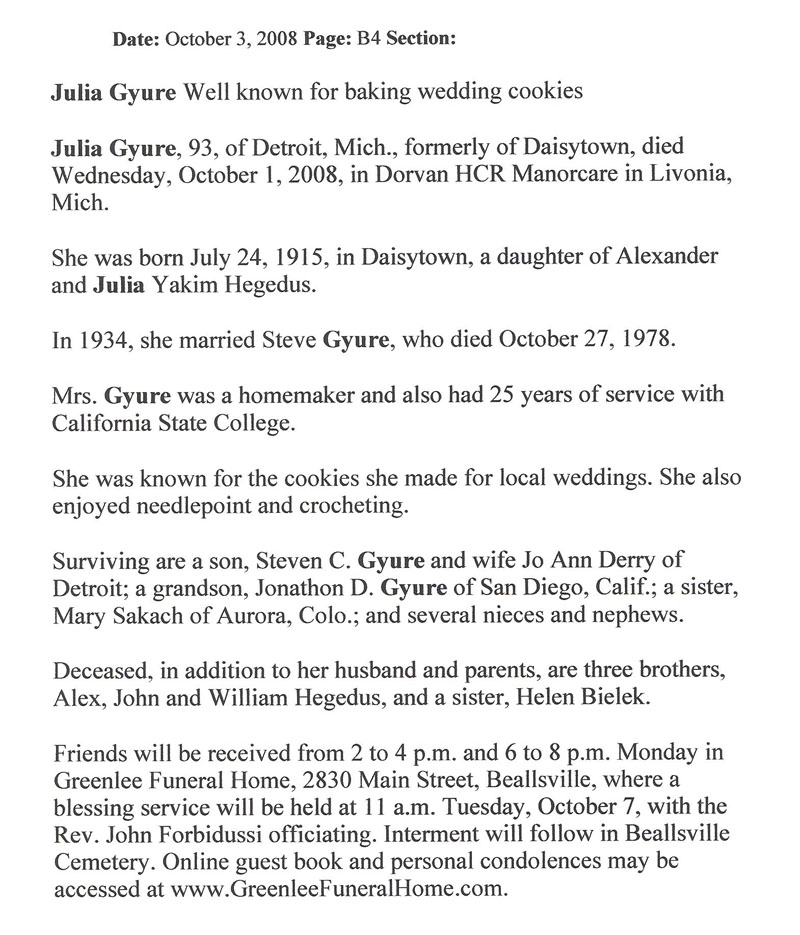 Julia Gyure obit